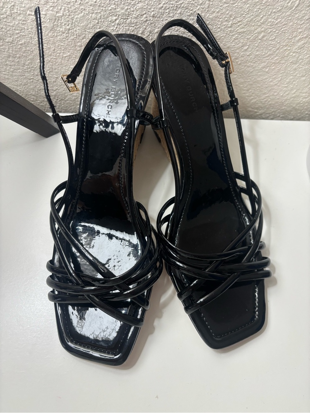 Tory Burch Black Patent Strappy Espadrille Slingbacks